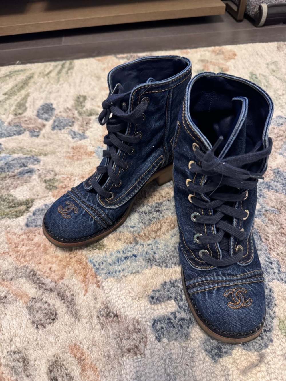 CHANEL Dark Blue Denim Lace-Up Ankle Boots